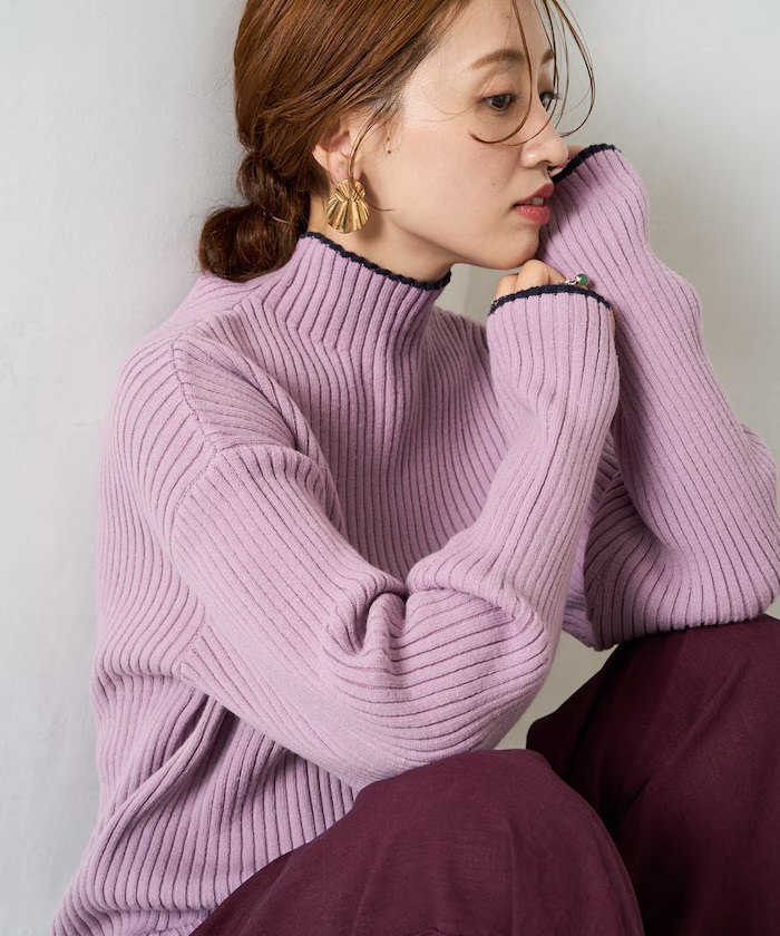 FREAK'S STORE 配色 ライン リブニット ハイネック プルオーバー紫色（1331248900095）