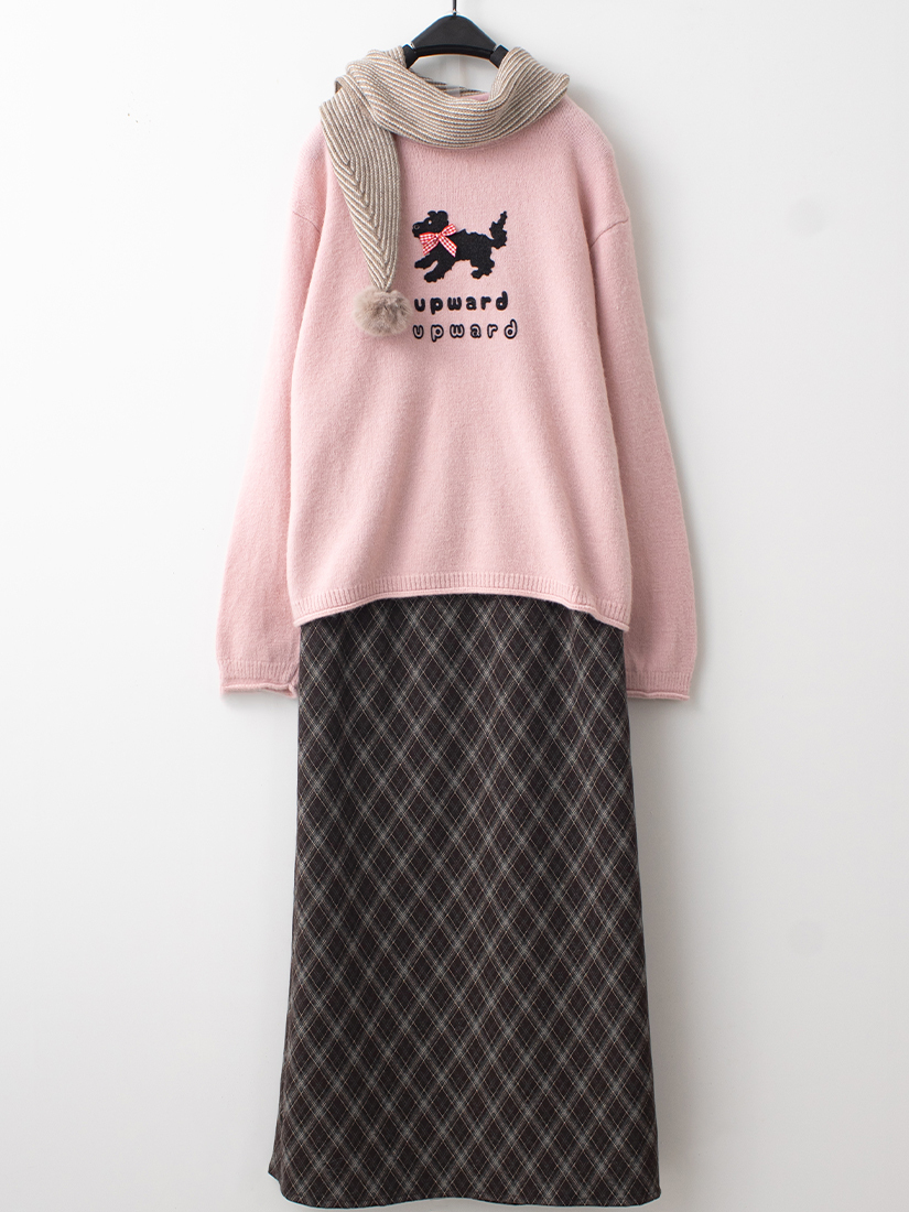 狗狗印花捲邊針織毛衣菱格針織後開衩長裙組合