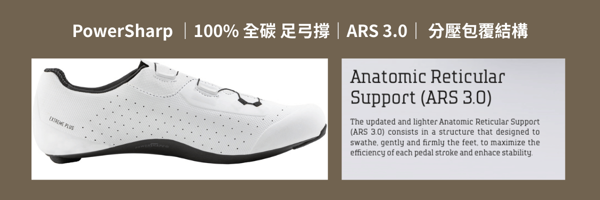 Extreme Plus 公路車鞋 PowerShape 全碳足弓支撐與 ARS 3.0 分壓包覆結構示意，說明足弓支撐與後跟穩定設計