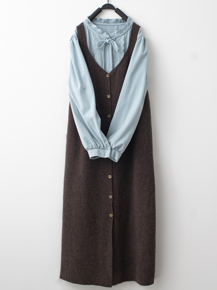 吊帶針織洋裝小立領蓬袖條絨上衣組合