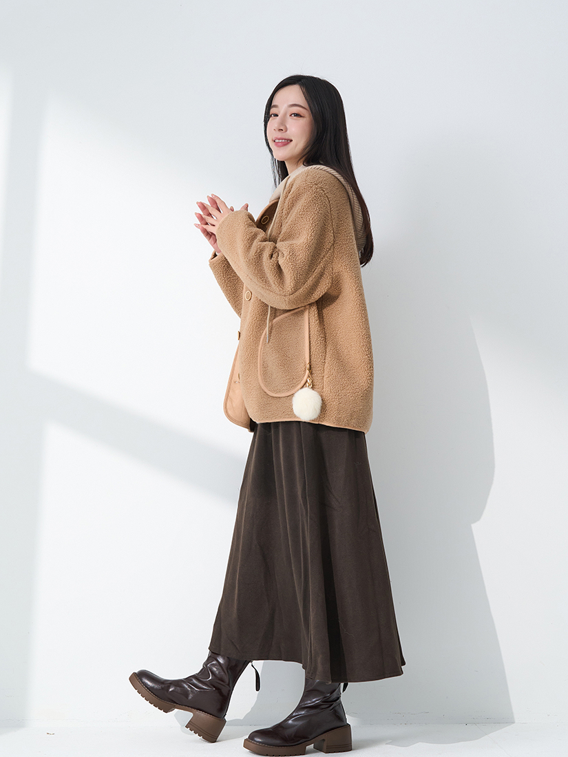搖粒絨連帽外套圓領毛衣A字長裙組合