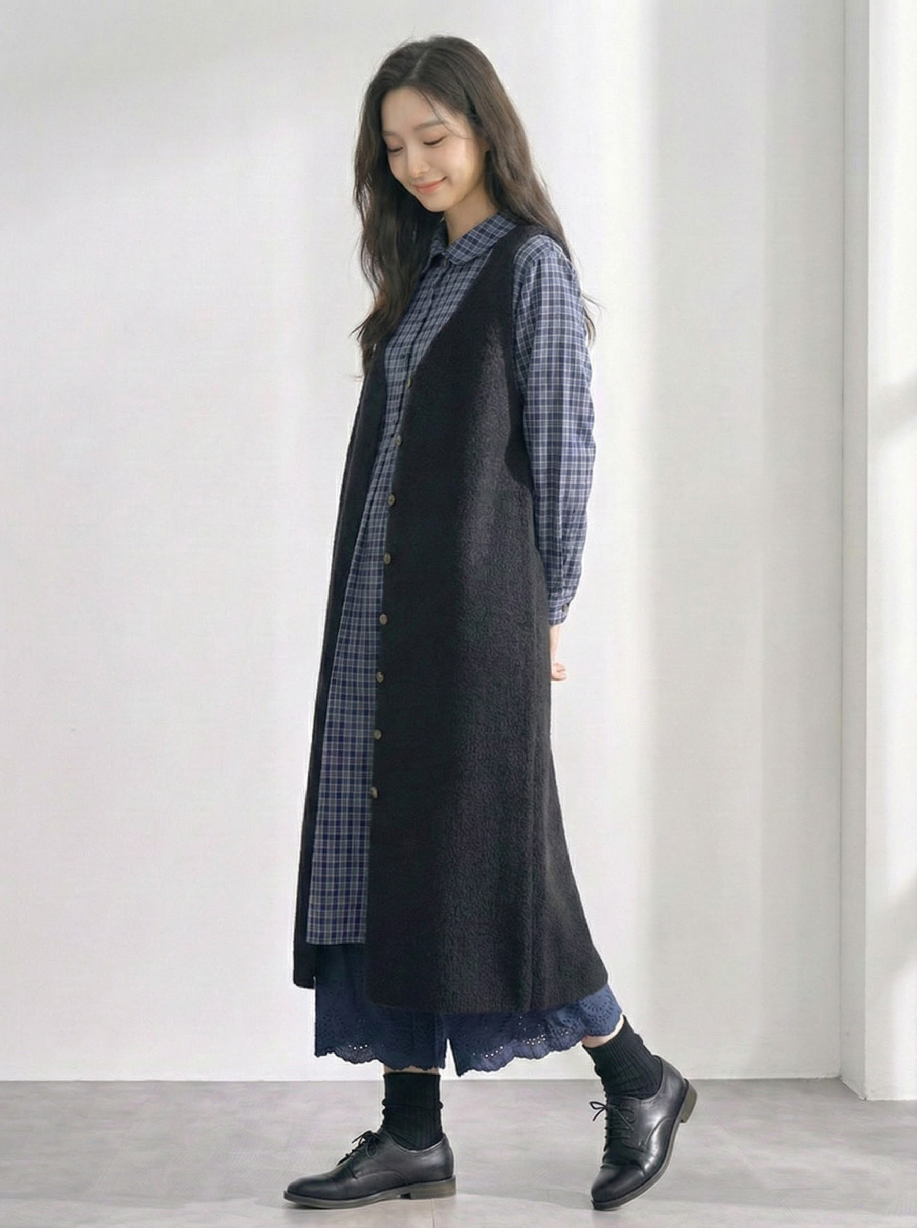 排釦吊帶針織背心格紋半開襟洋裝組合