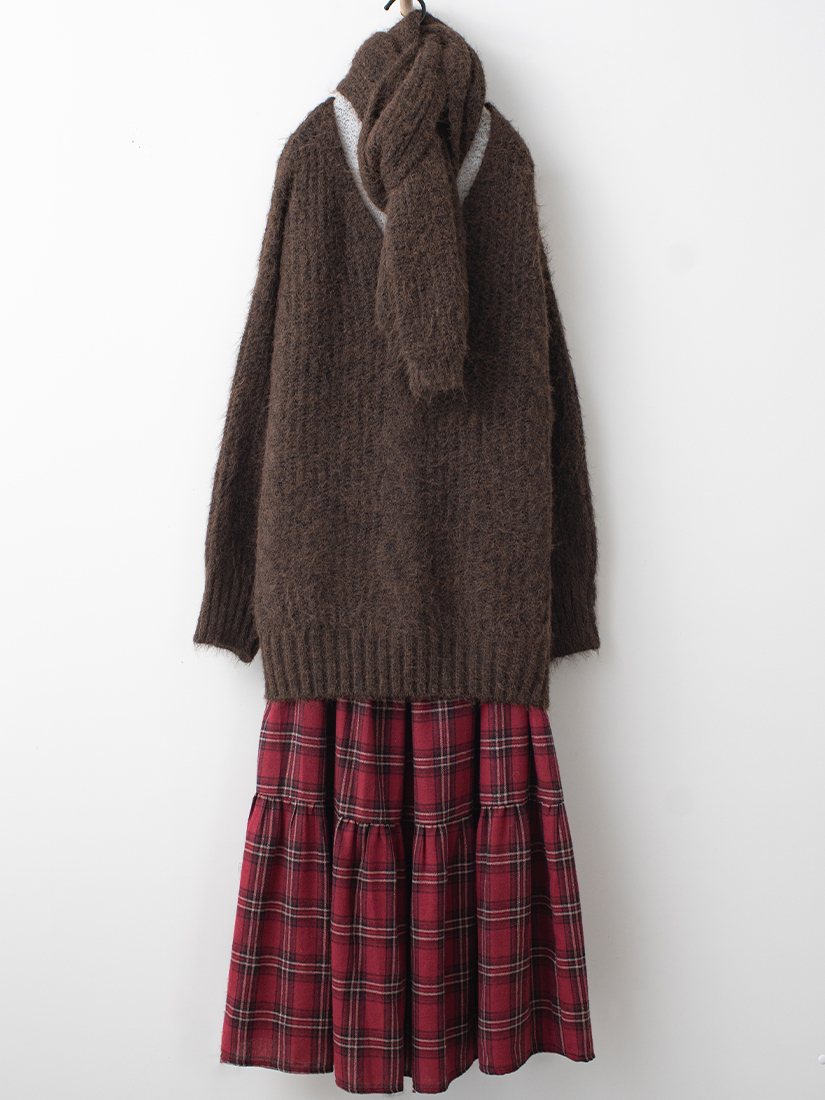 麻花長版針織衣立領內搭法蘭絨蛋糕裙組合