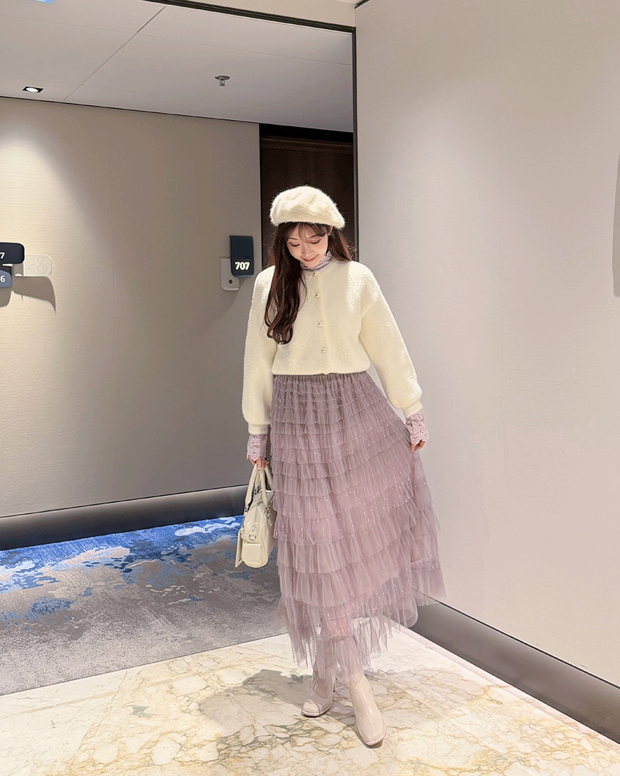 LINA LINA浪漫召喚層次荷葉壓褶網紗鬆緊長裙-典雅紫