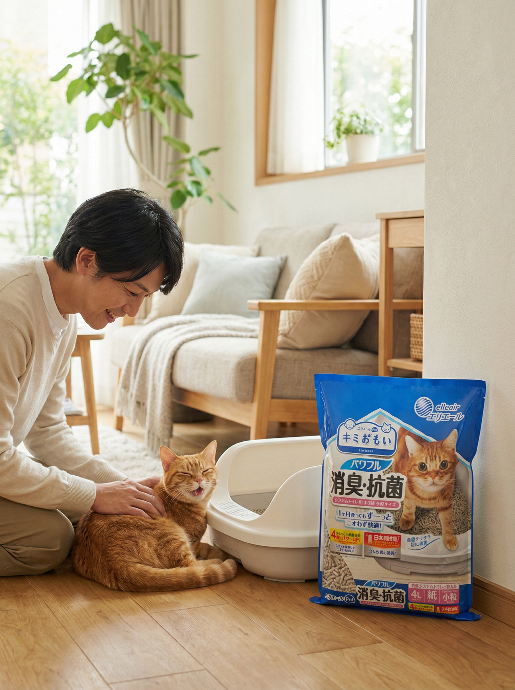 (日本製造及直送) 大王製紙 Kimiomoi 強效消臭抗菌雙層貓砂 小顆粒 4L