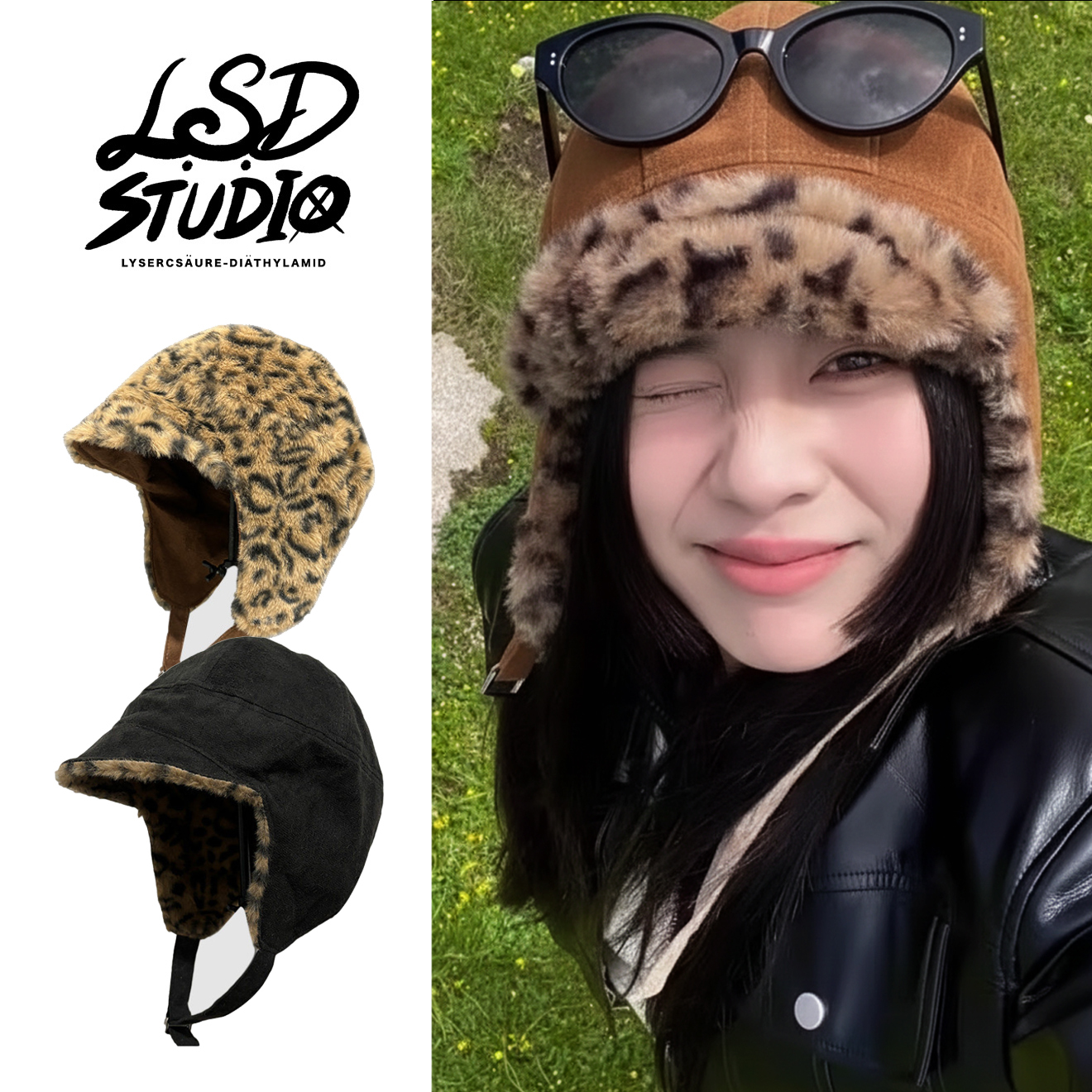 豹紋 x 麂皮 | 短簷復古護耳飛行帽【HTMK45】