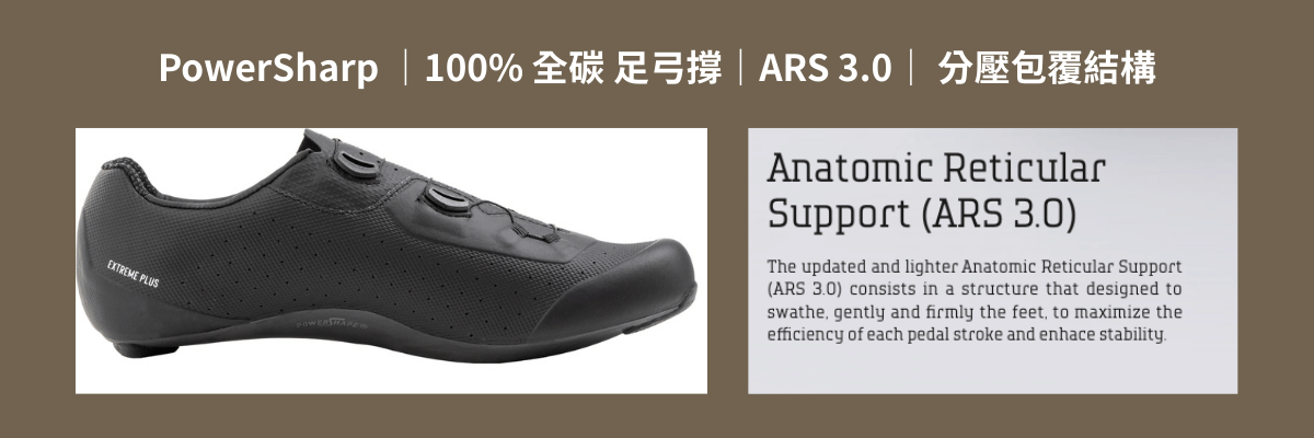 Extreme Plus 公路車鞋(黑) PowerShape 全碳足弓支撐與 ARS 3.0 分壓包覆結構示意，說明足弓支撐與後跟穩定設計