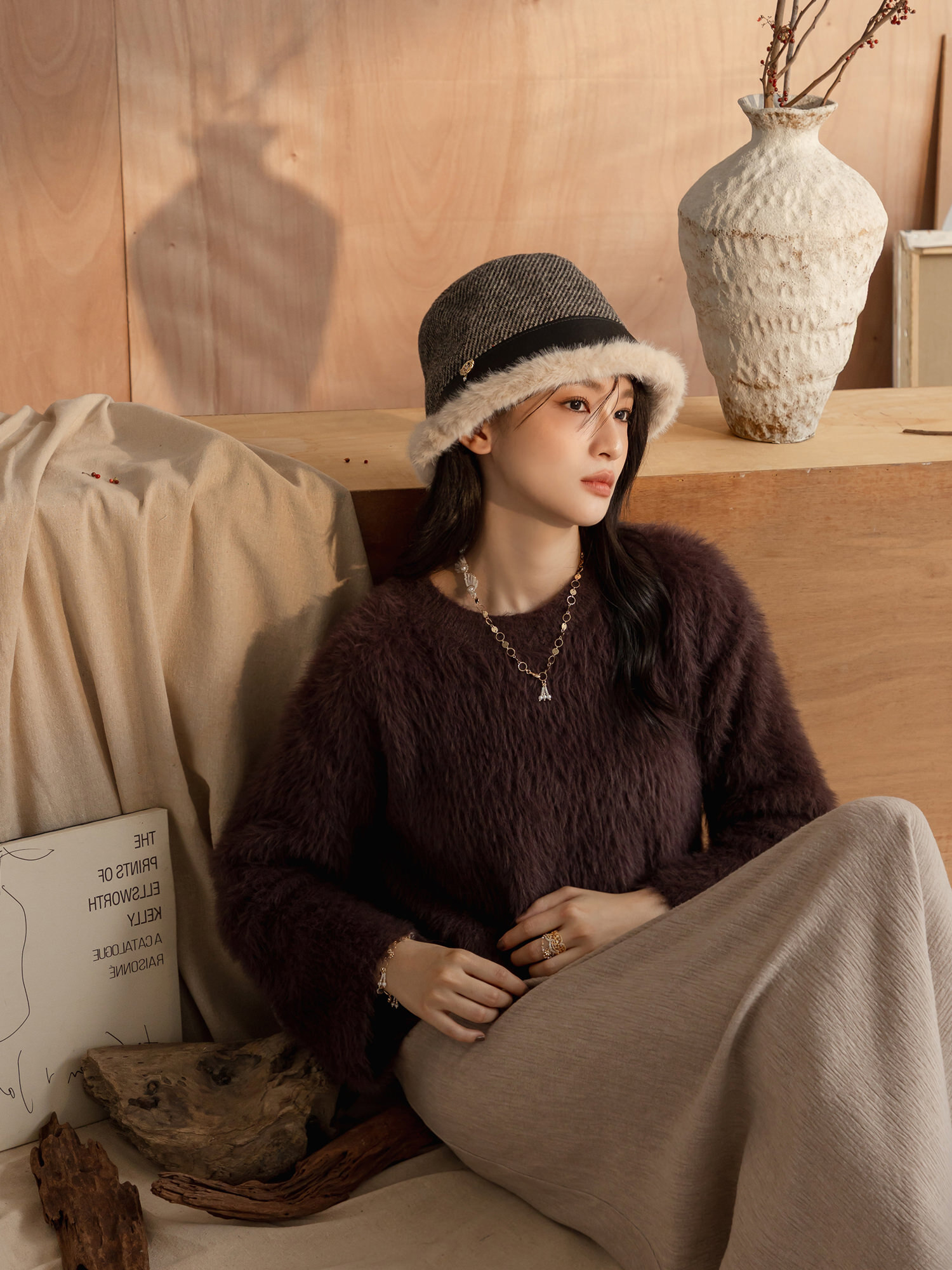 北方小鎮。MUCHAT手作星芒皮革毛呢漁夫帽 (黑)