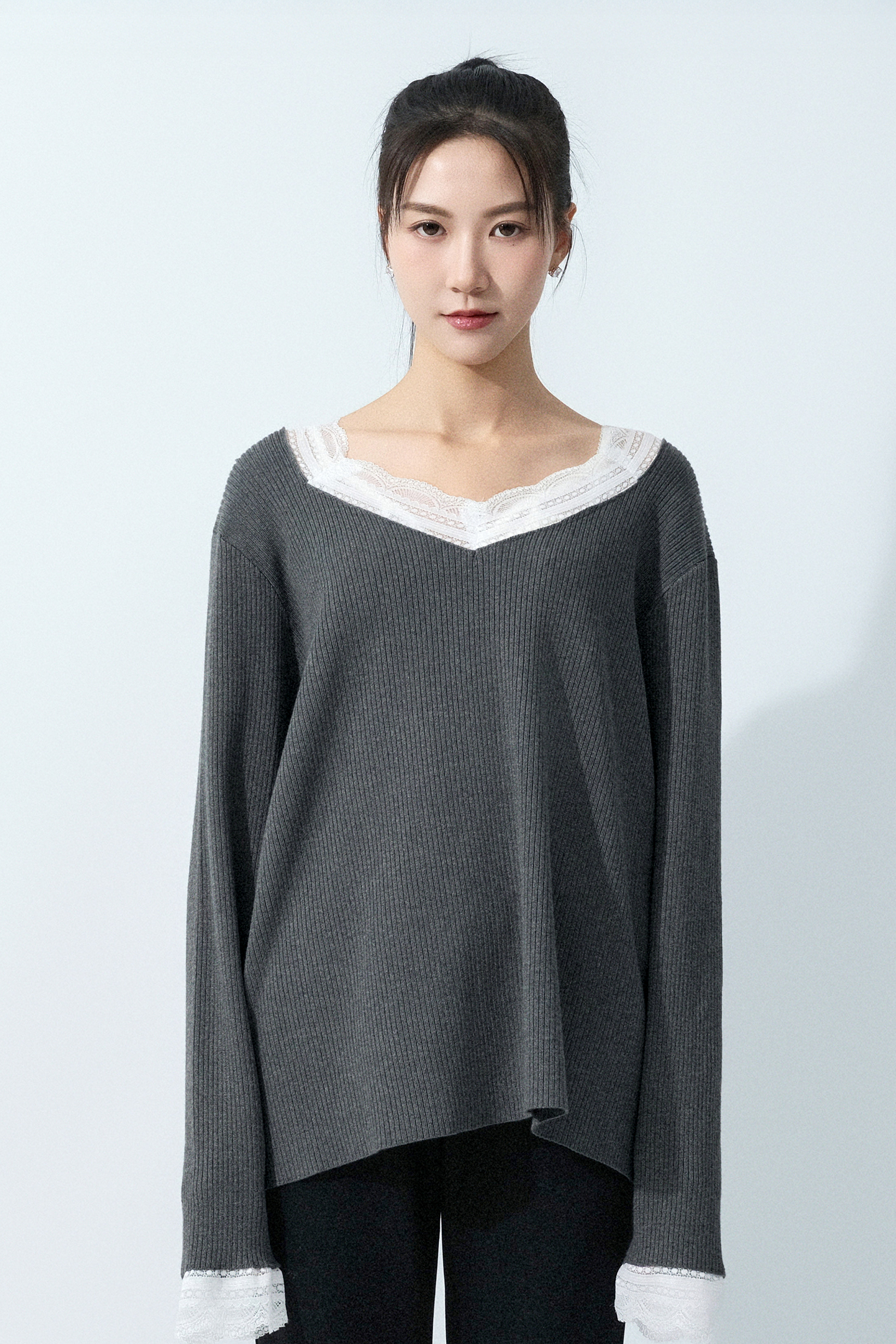 蕾絲花邊羅紋寬鬆上衣 (預購產品）