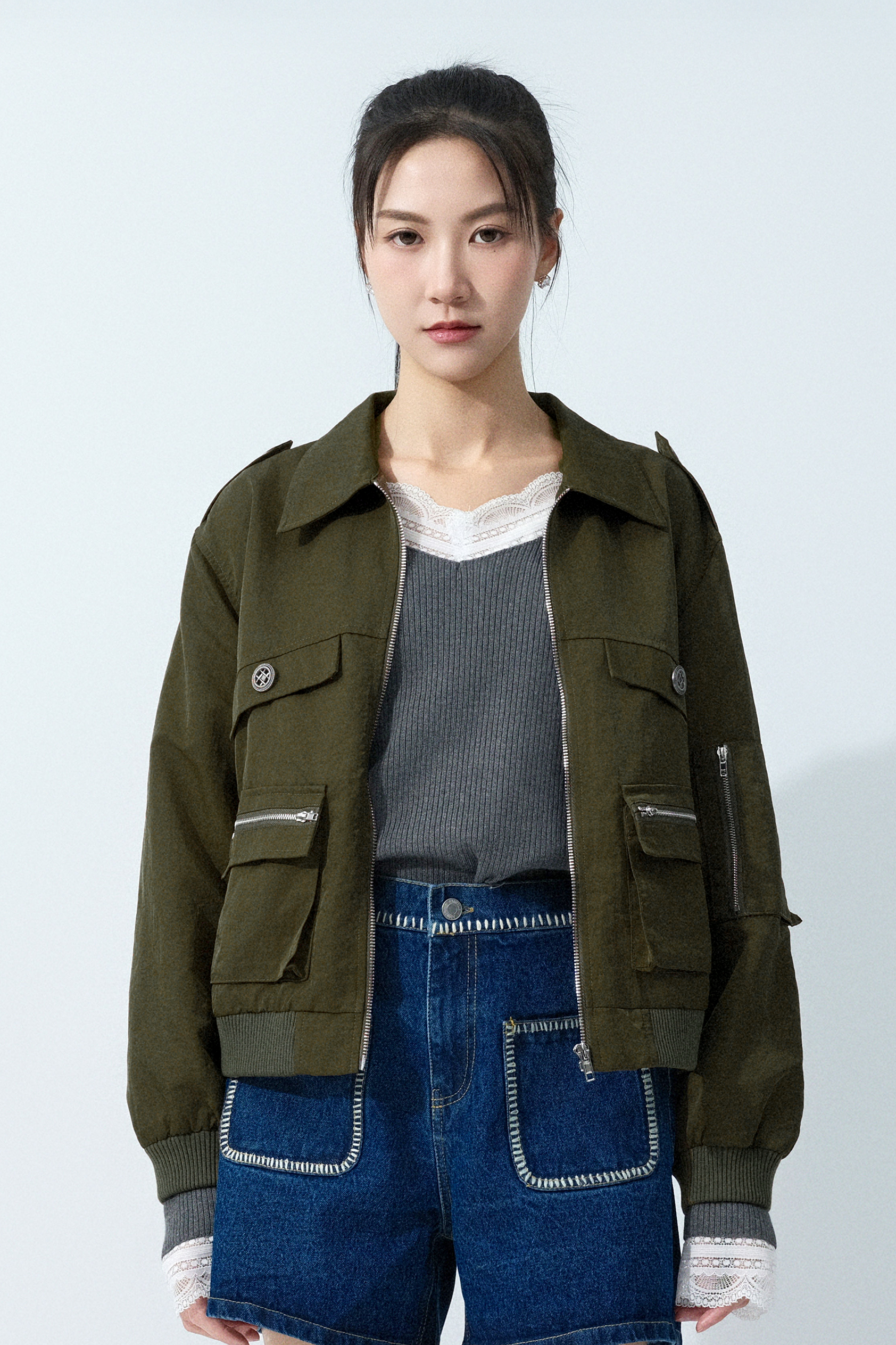 縐風褸布軍裝短外套 (預購產品）