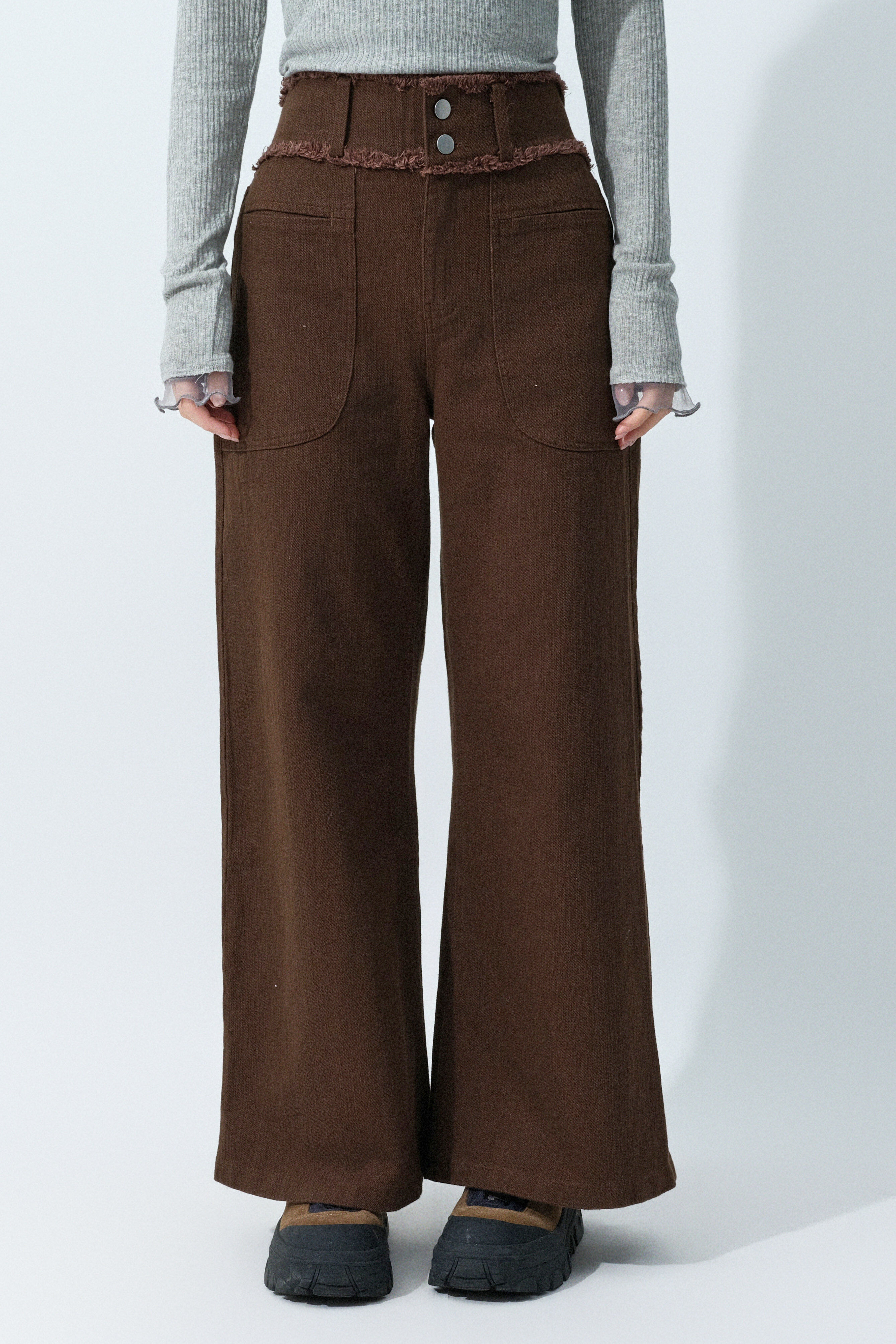 闊披邊褲頭暗直紋斜褲  (預購產品）