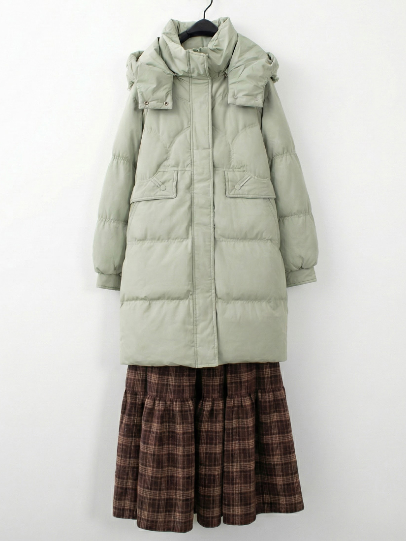 剪接連帽羽絨長版外套格紋法蘭絨蛋糕長裙組合