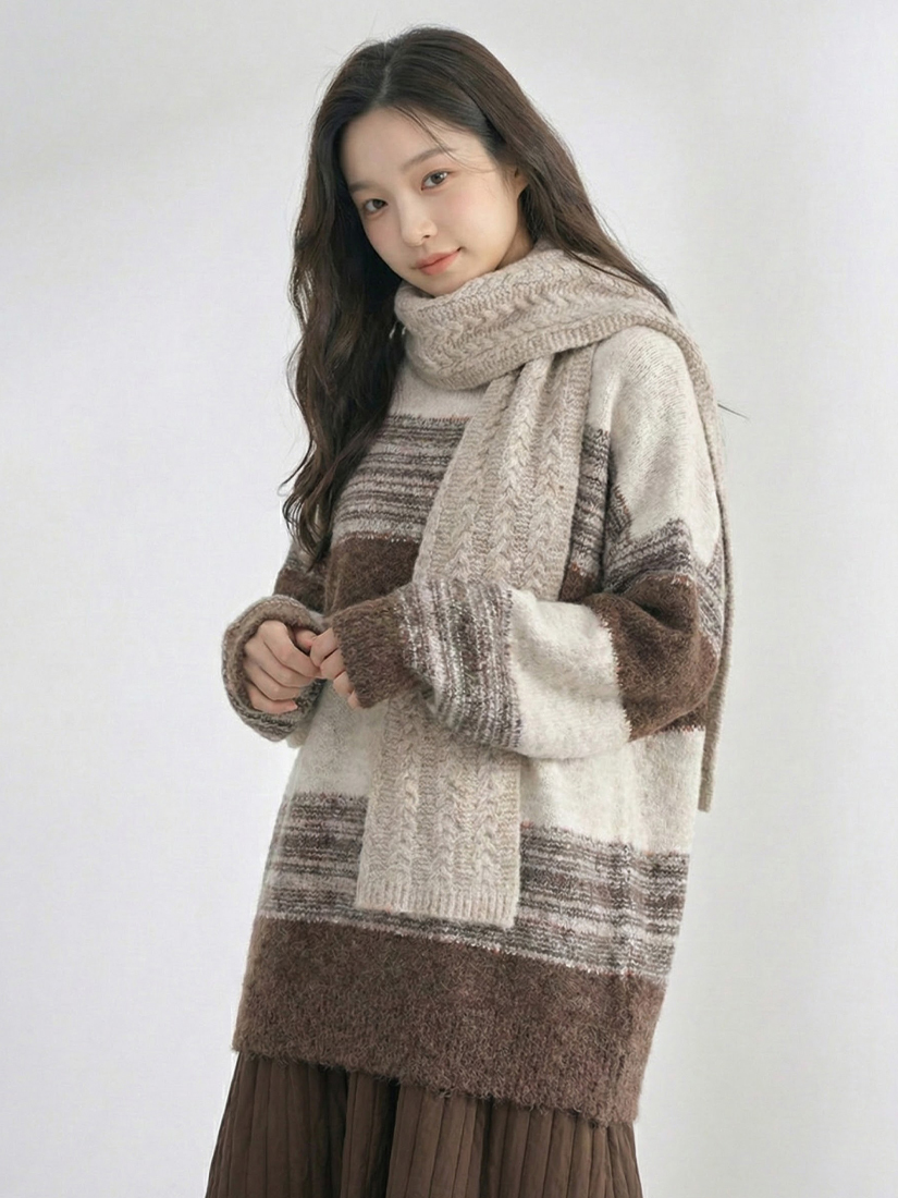 慵懶條紋長版針織鋪棉花苞感長裙組合