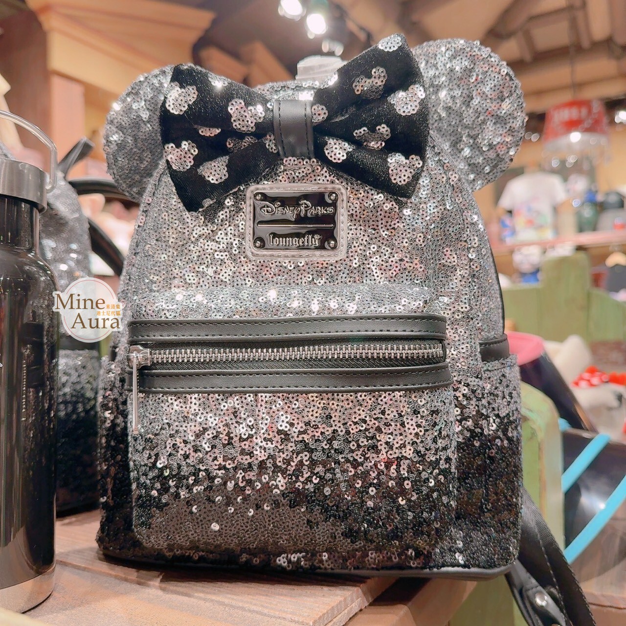 米妮 Minnie 立體耳朵造型 銀黑漸層亮片 設計 後背包 -香港迪士尼樂園