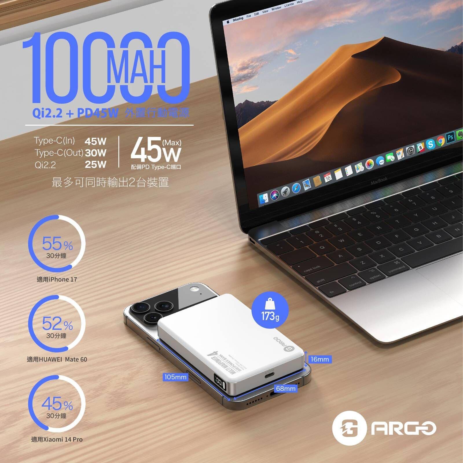 ARGO MM4 極致纖薄磁吸行動電源 Qi2.2. 45WPD Power Bank (CCC ready)