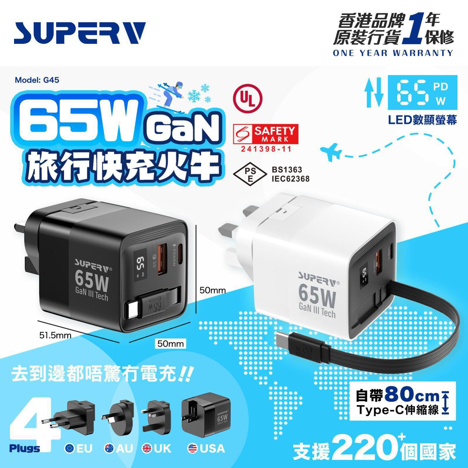 SUPERV – 65W旅行快充數顯轉換火牛(G45)