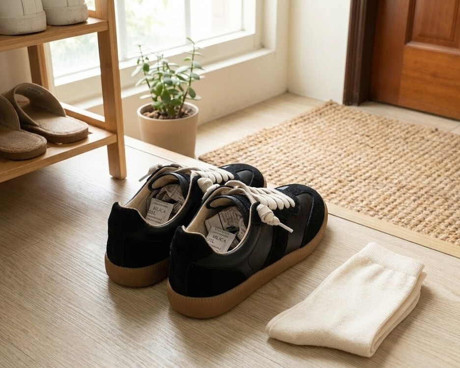 Sanly Joy 教學防腳臭保養術，示範正確的真皮鞋保養與通風方式，建議輪流替換鞋款並保持乾燥，搭配除濕小物延長德訓鞋壽命，維持鞋內衛生環境。