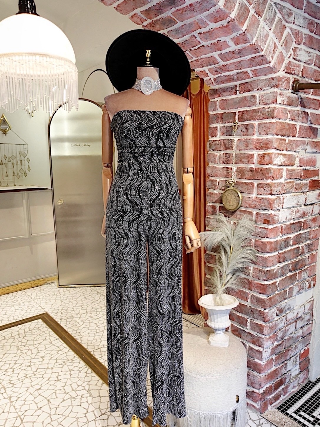 Silver Black銀黑色曲紋亮片連身長寬褲  Jumpsuit