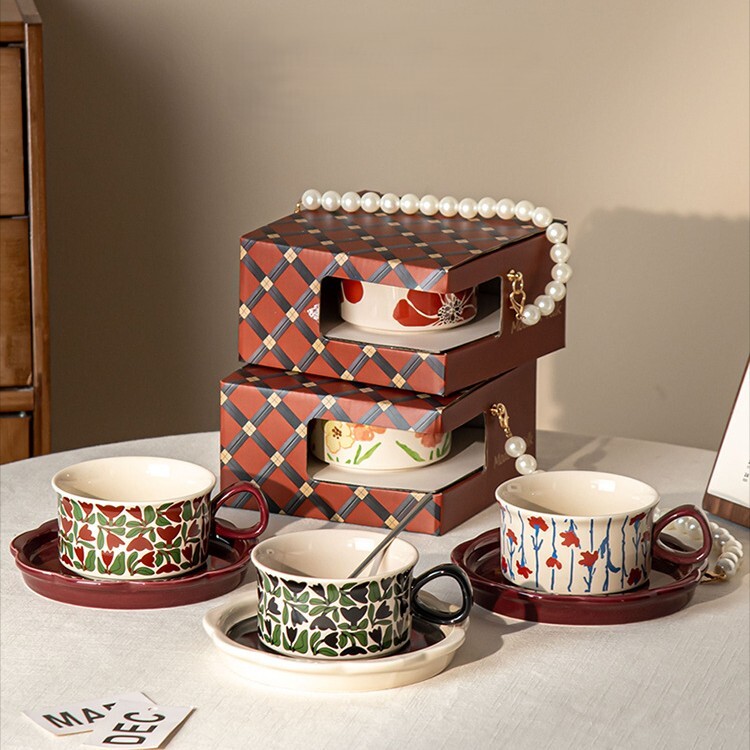 《6511》輕奢復古馬克杯盤精緻珍珠禮盒250ml