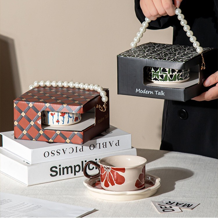 《6511》輕奢復古馬克杯盤精緻珍珠禮盒250ml