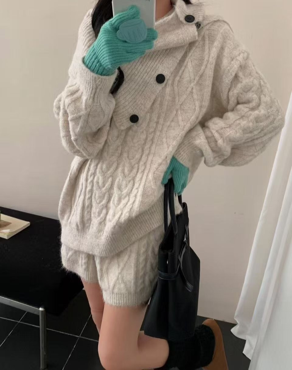 HP5460 粗麻花針織短褲三件套裝