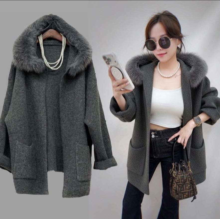 【質感超好的毛毛領羊絨連帽針織外套】（現貨）