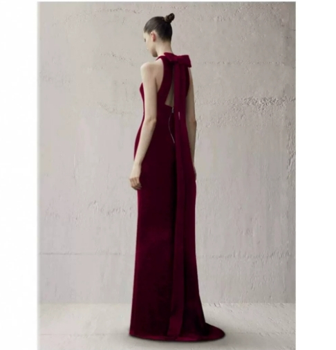 天鵝絨露背長洋裝(紅/黑)