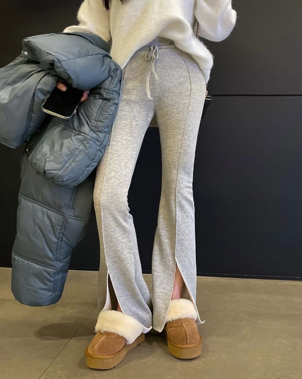 鬆緊綁帶內刷毛喇叭棉褲