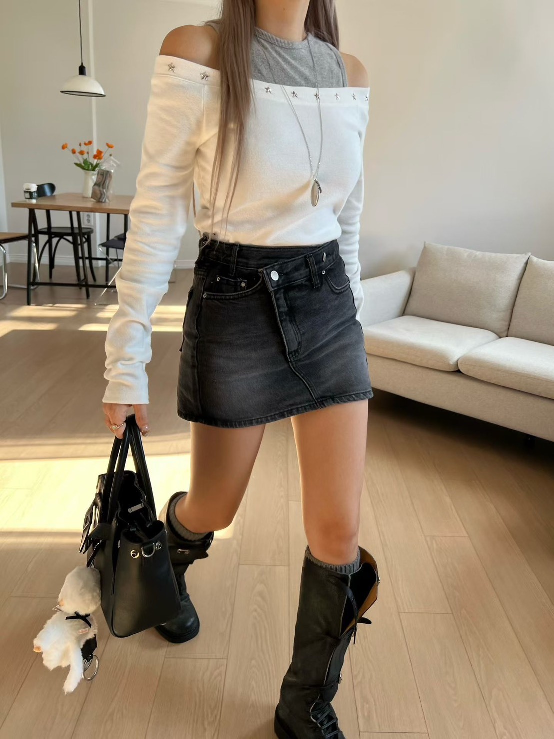 斜釦牛仔短褲裙