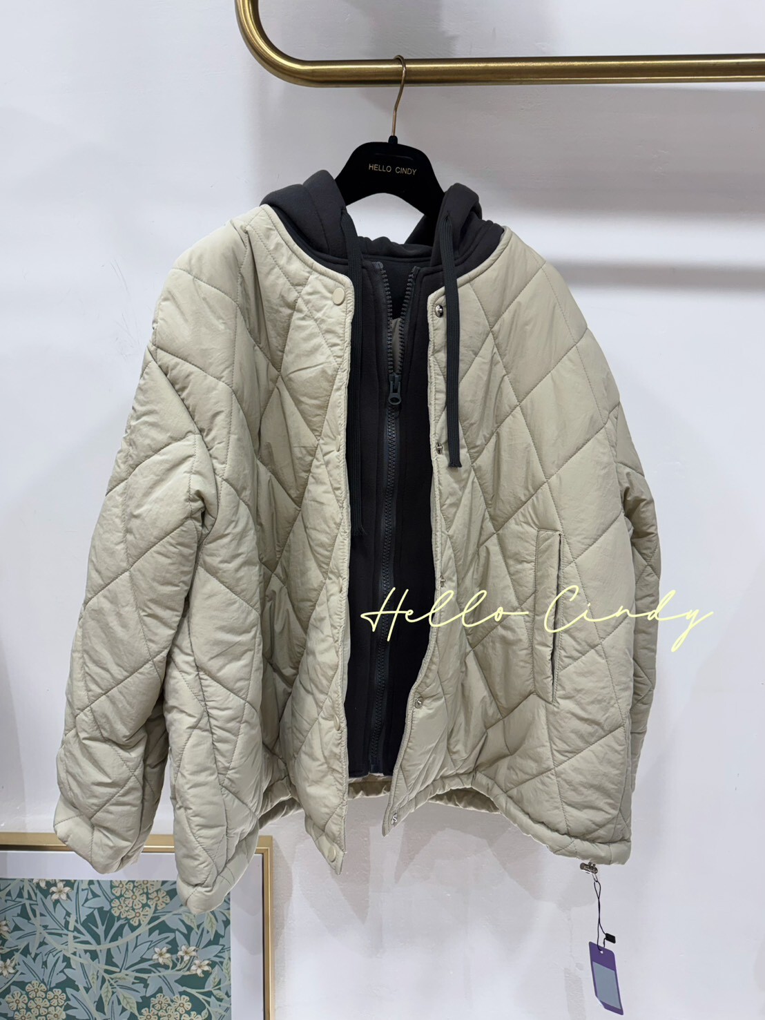 B01010 韓國同款假兩件菱格紋鋪棉連帽外套