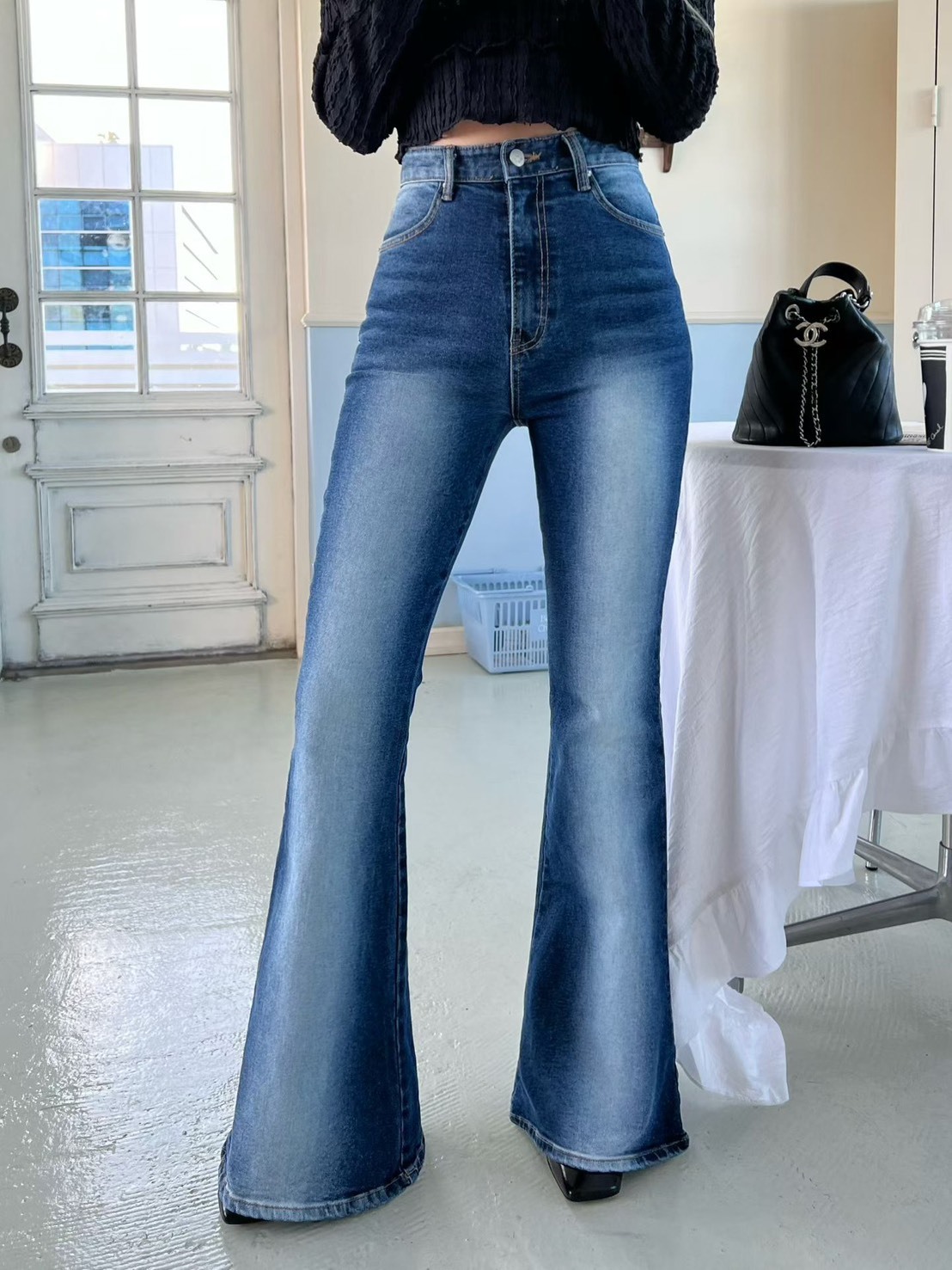 刷白高腰牛仔長褲