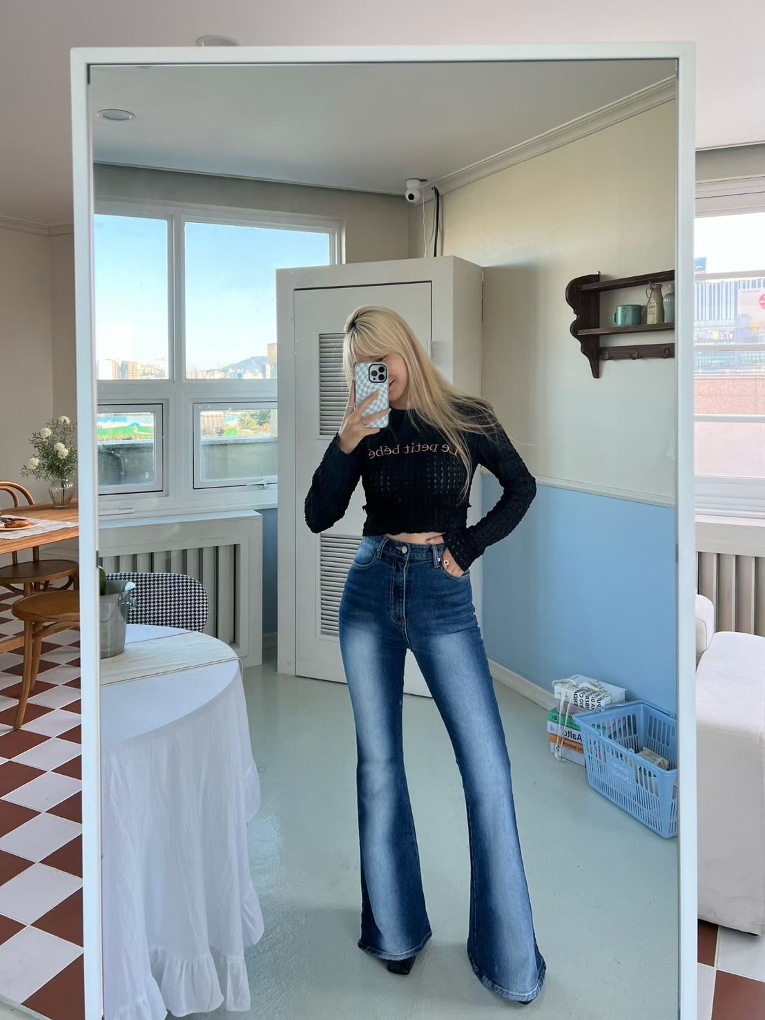 刷白高腰牛仔長褲