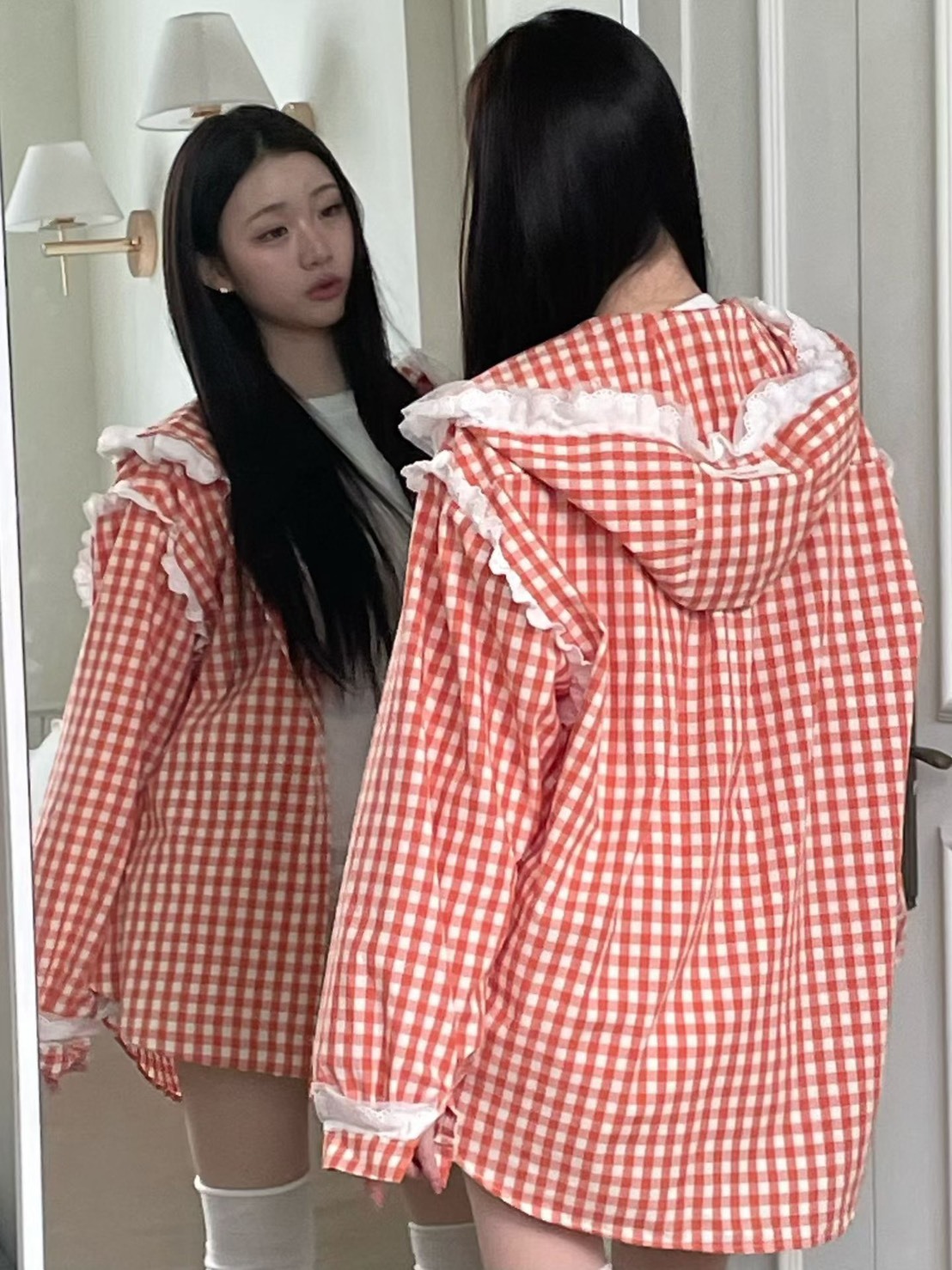 白荷葉連帽格子休閒襯衫