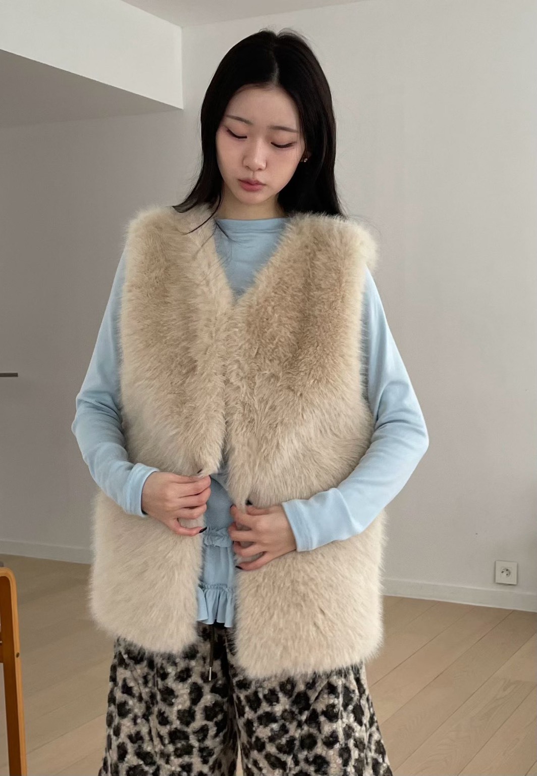 長版人造毛毛馬甲外套