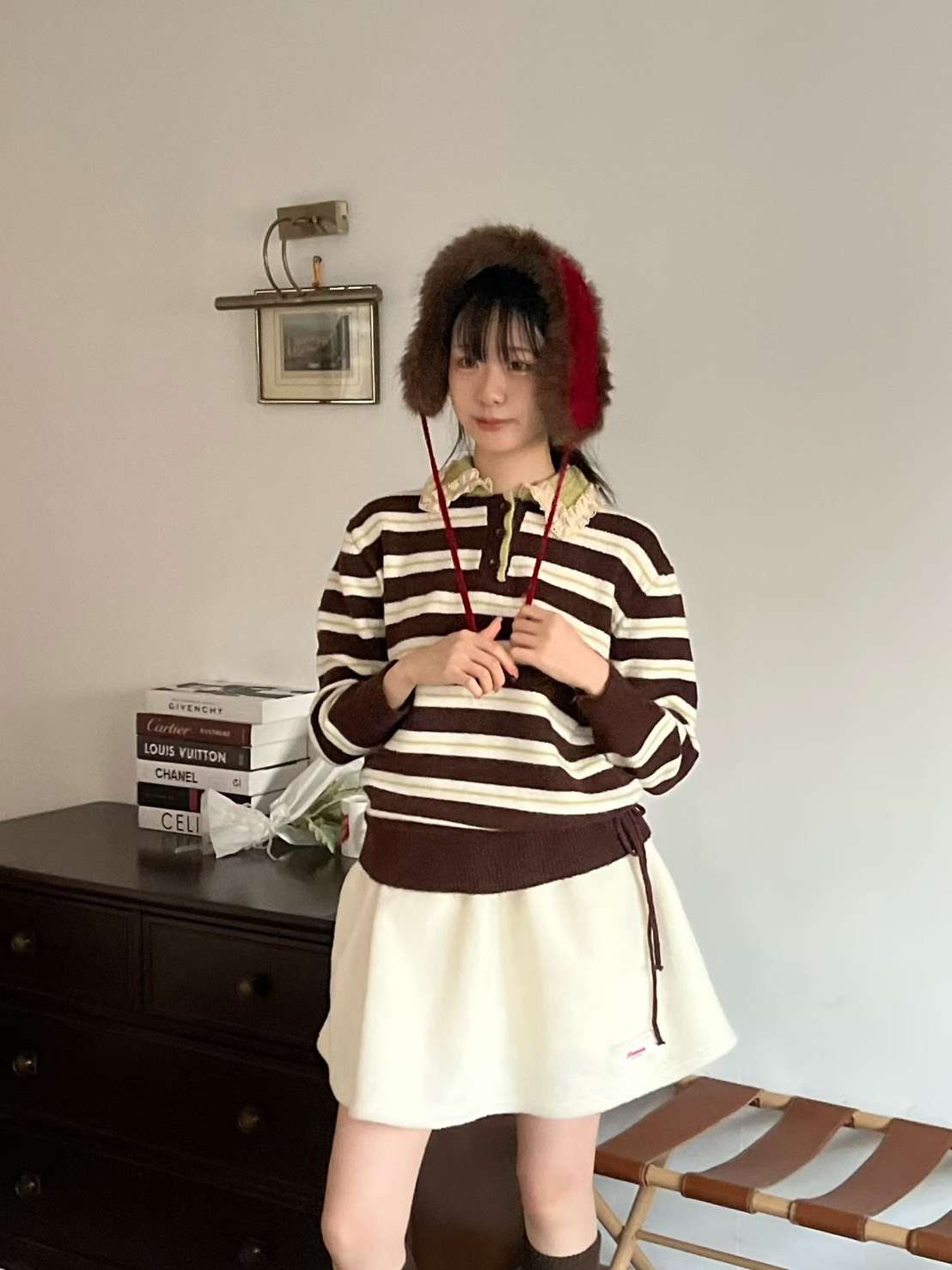 編織花領條紋抽繩針織衫