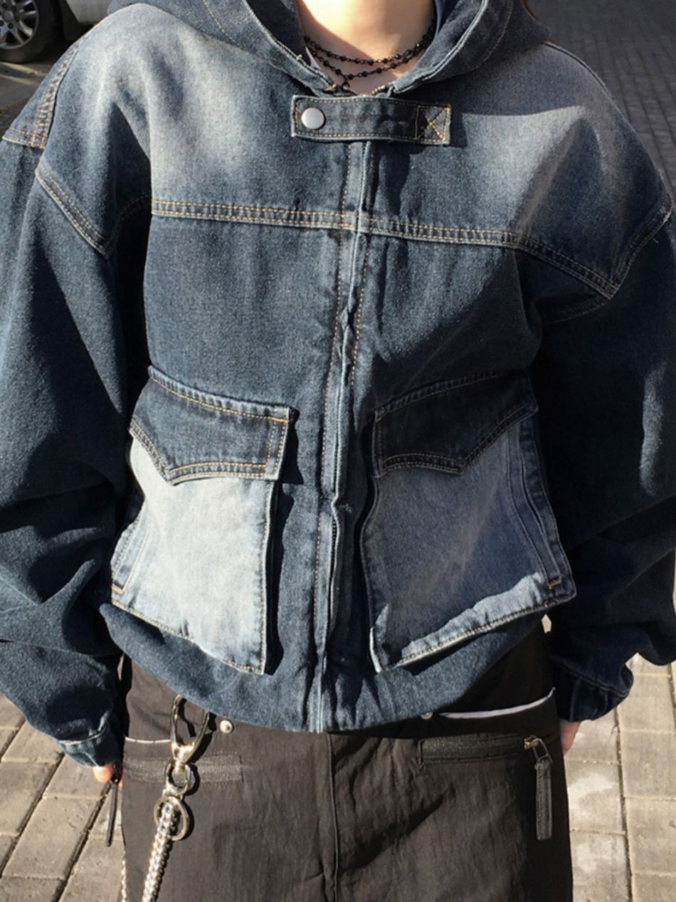 洗水連帽拉鍊牛仔褸 JK2765