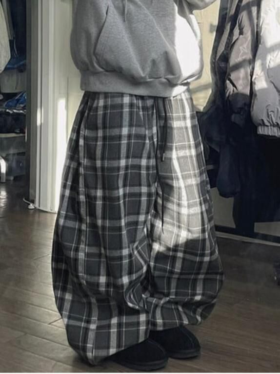 格仔束腳鬆身褲(薄抓毛底) P3239