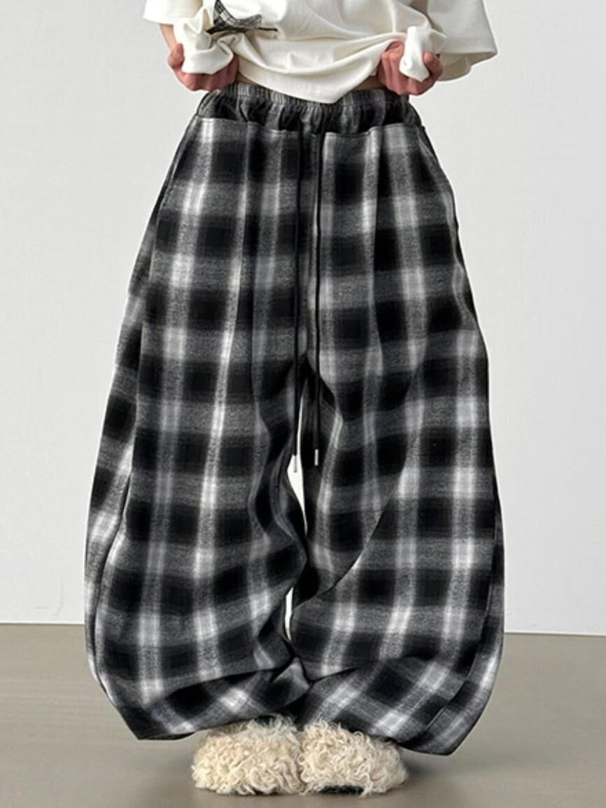 格仔束腳鬆身褲(薄抓毛底) P3239