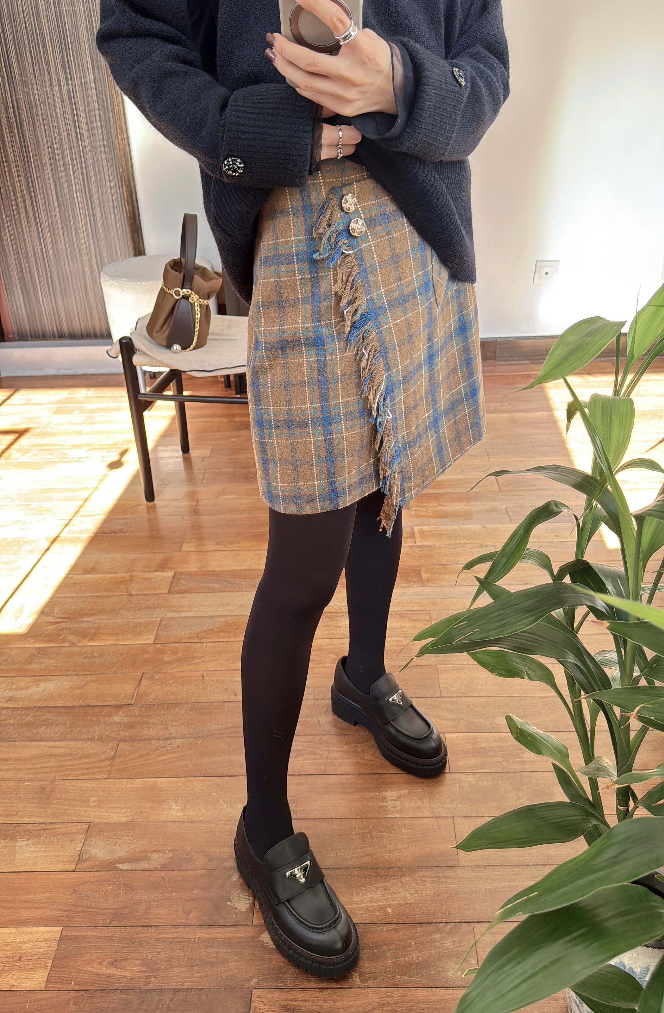 Wrap-Effect Tassel Check Woo Skirt _SK2312L05B