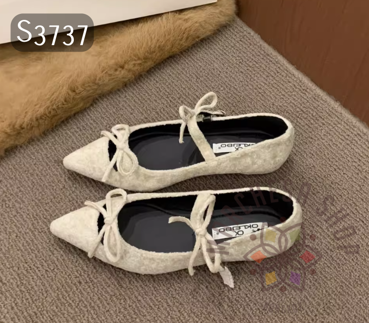 S3737 - 牛皮毛絨鏤空蝴蝶結尖頭平底鞋