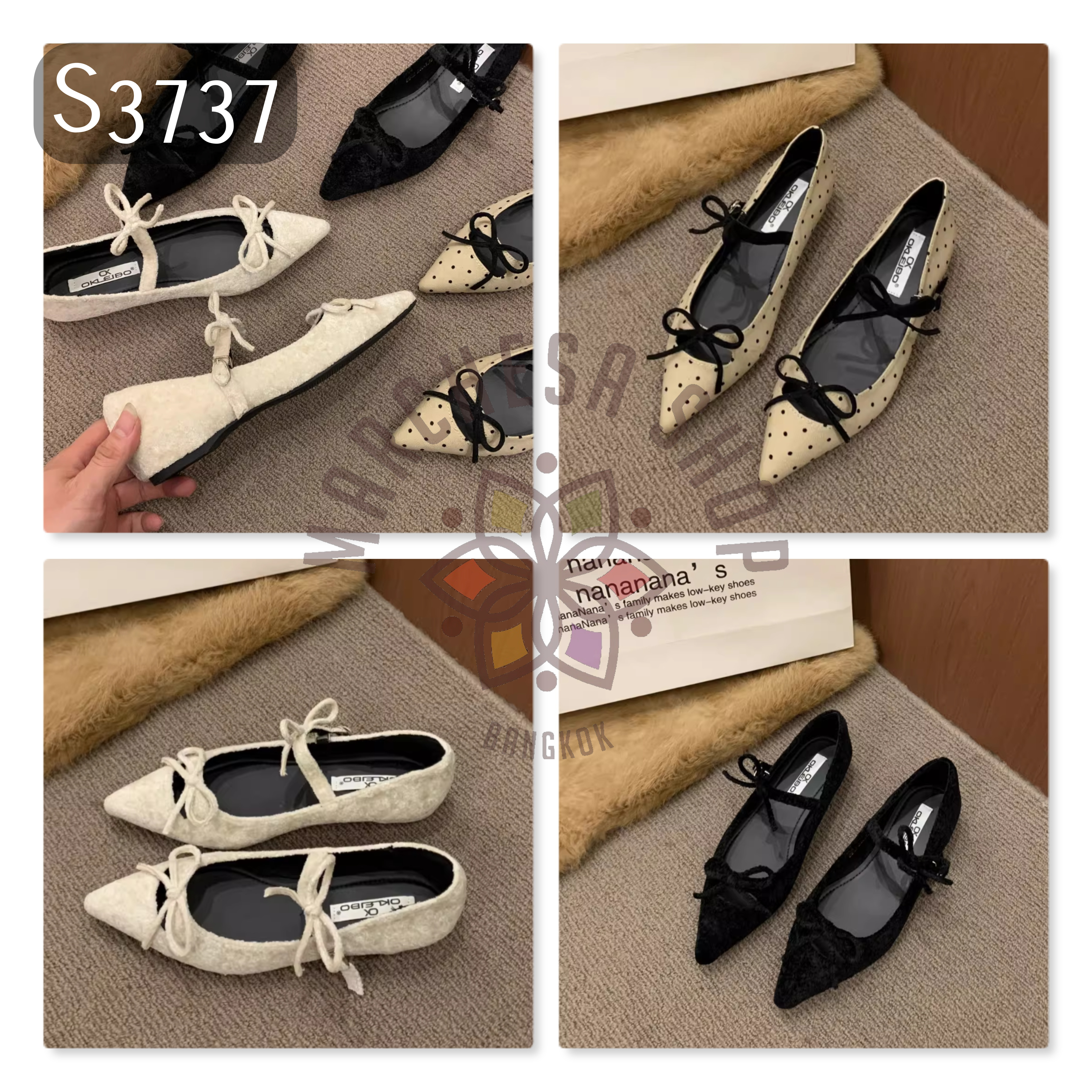 S3737 - 牛皮毛絨鏤空蝴蝶結尖頭平底鞋