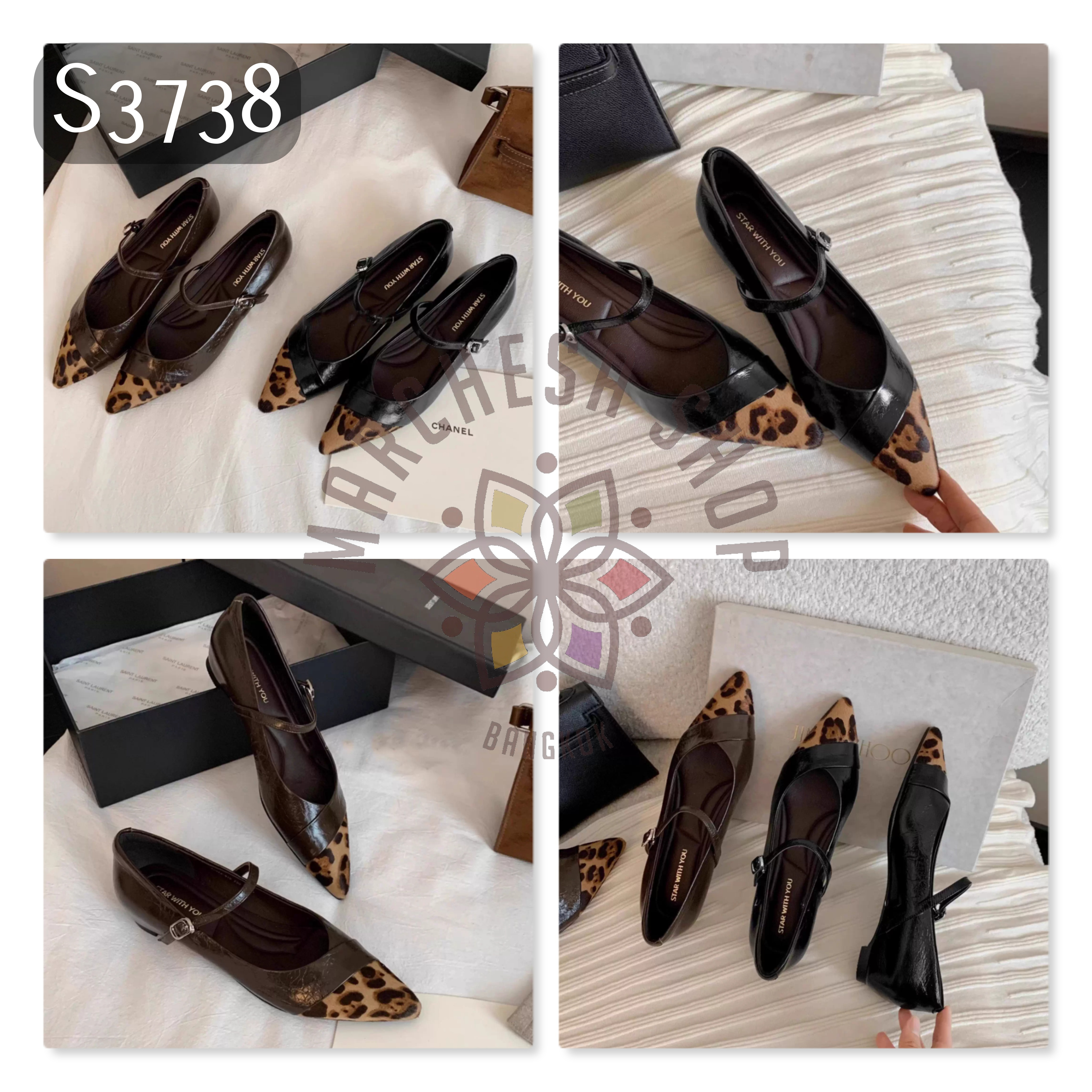 S3738 - 頭層羊皮拼接扣帶尖頭高踭鞋