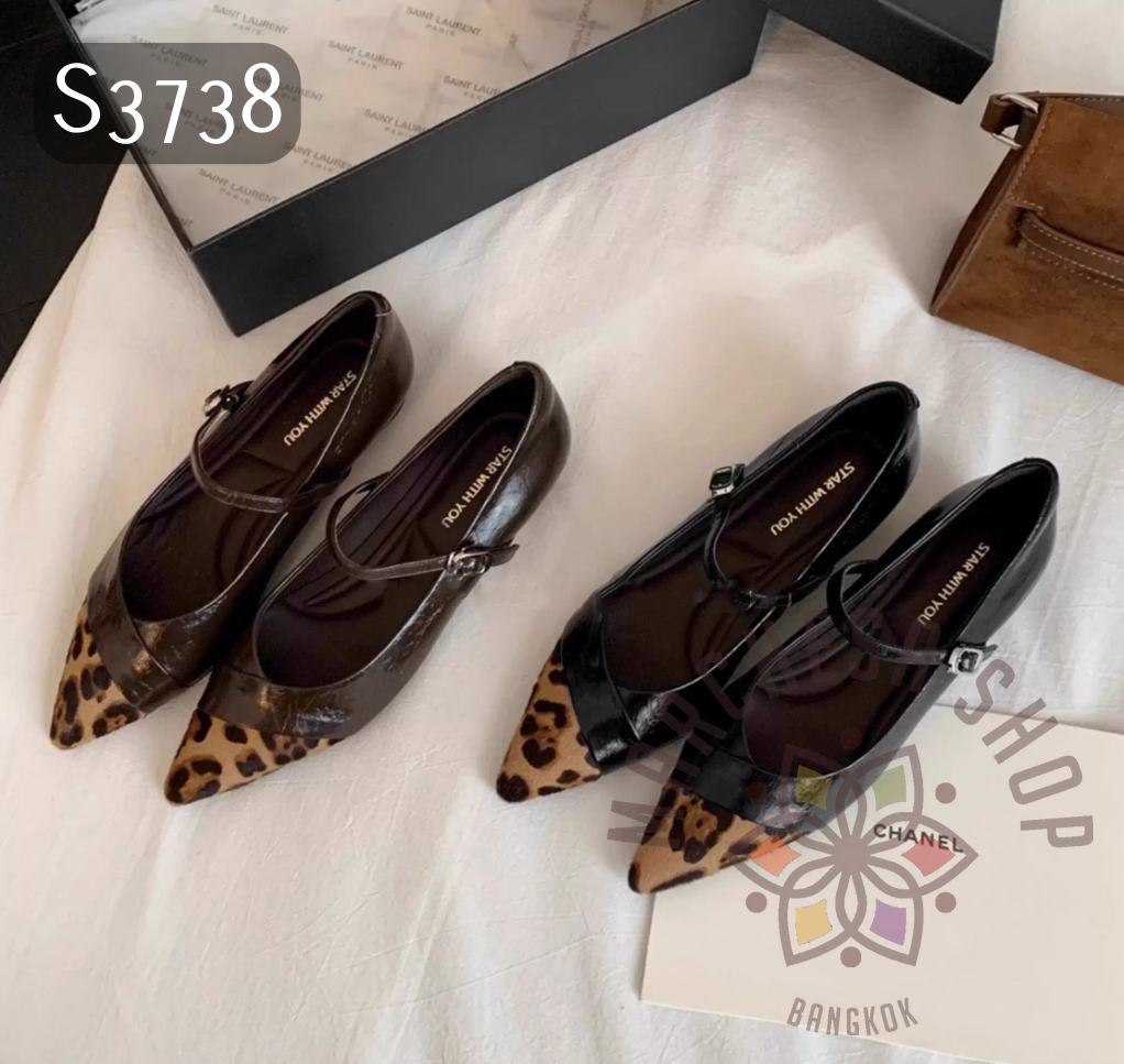 S3738 - 頭層羊皮拼接扣帶尖頭高踭鞋