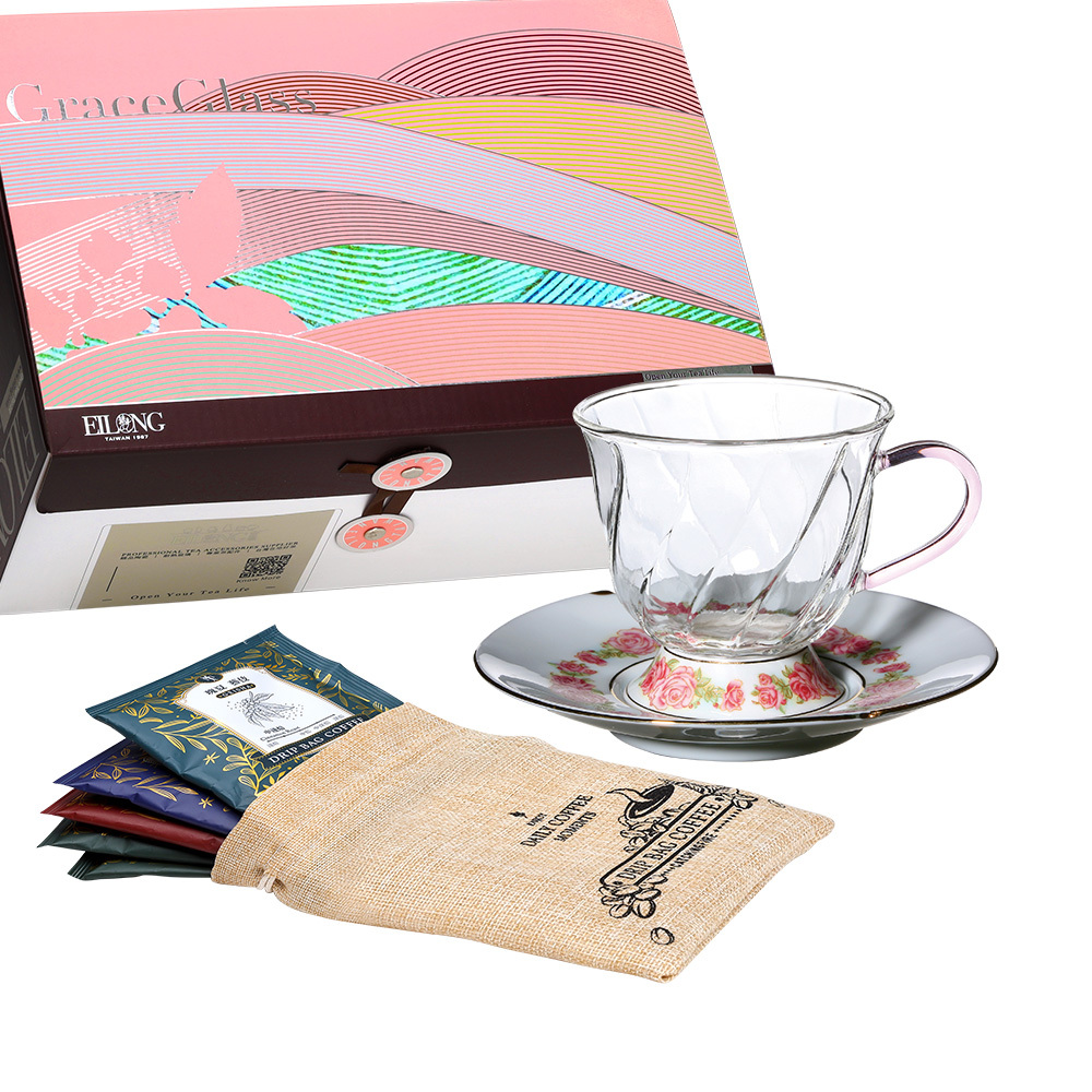 咖啡禮盒-晶豔-玫瑰咖啡杯碟+濾掛包(5 pcs)