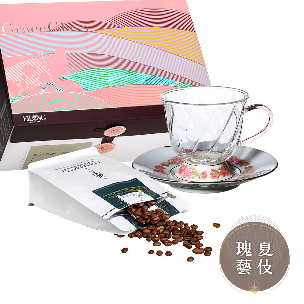 咖啡禮盒-晶豔-玫瑰咖啡杯碟+半磅咖啡豆