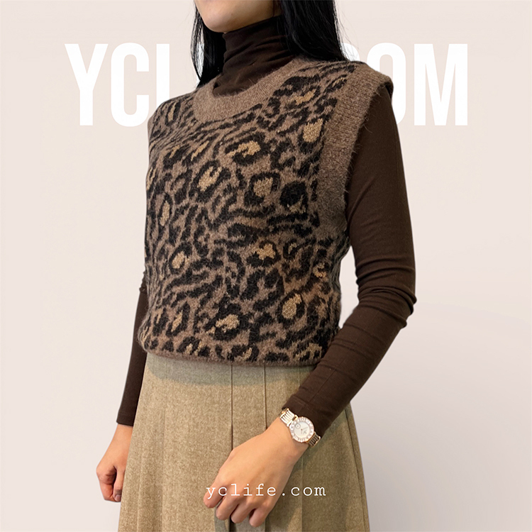 豹紋羊毛針織背心