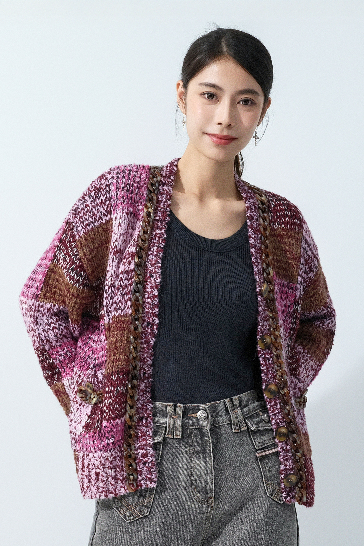 玳瑁鎖鏈邊格紋織花cardigan (預購產品）