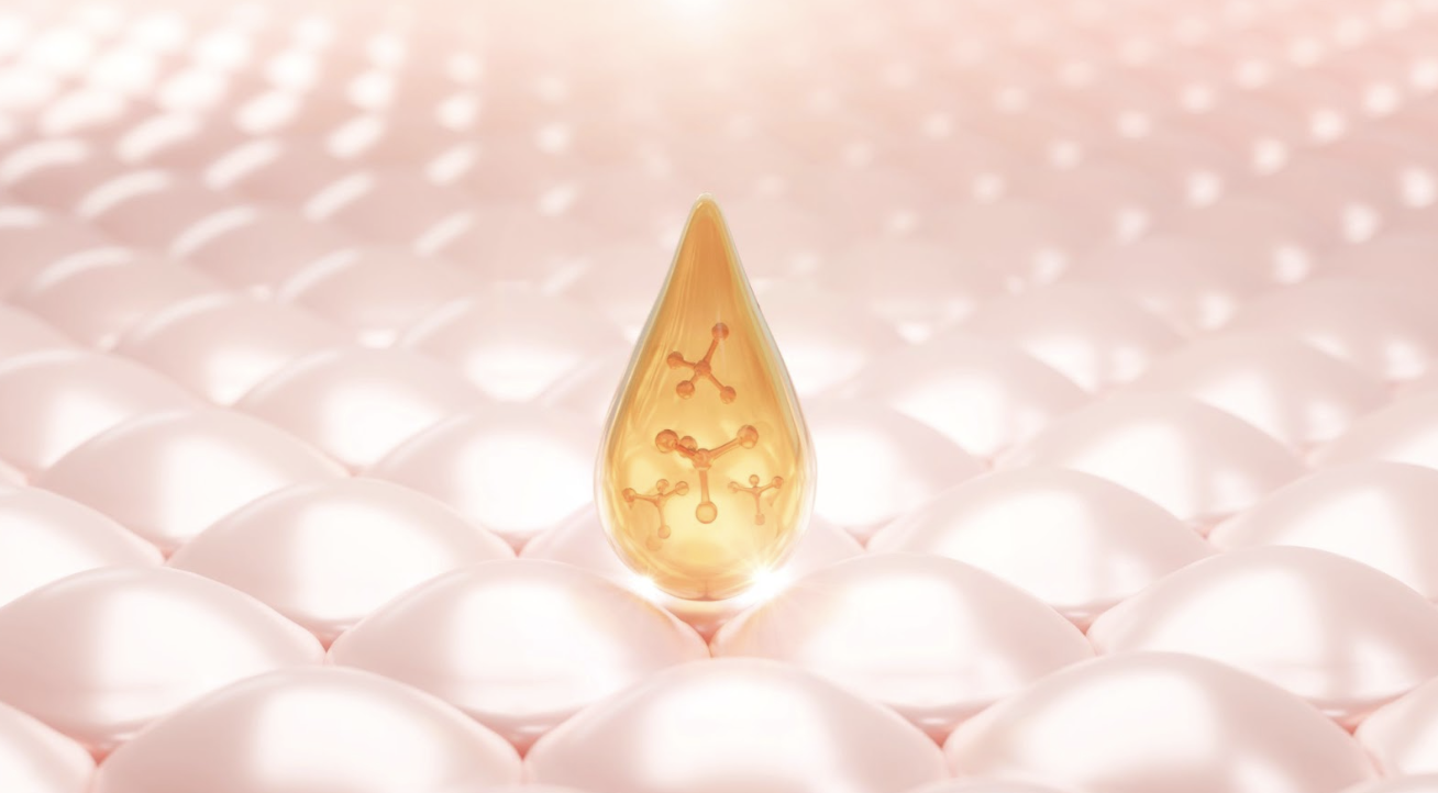 高效精華液滴落在肌膚細胞表面