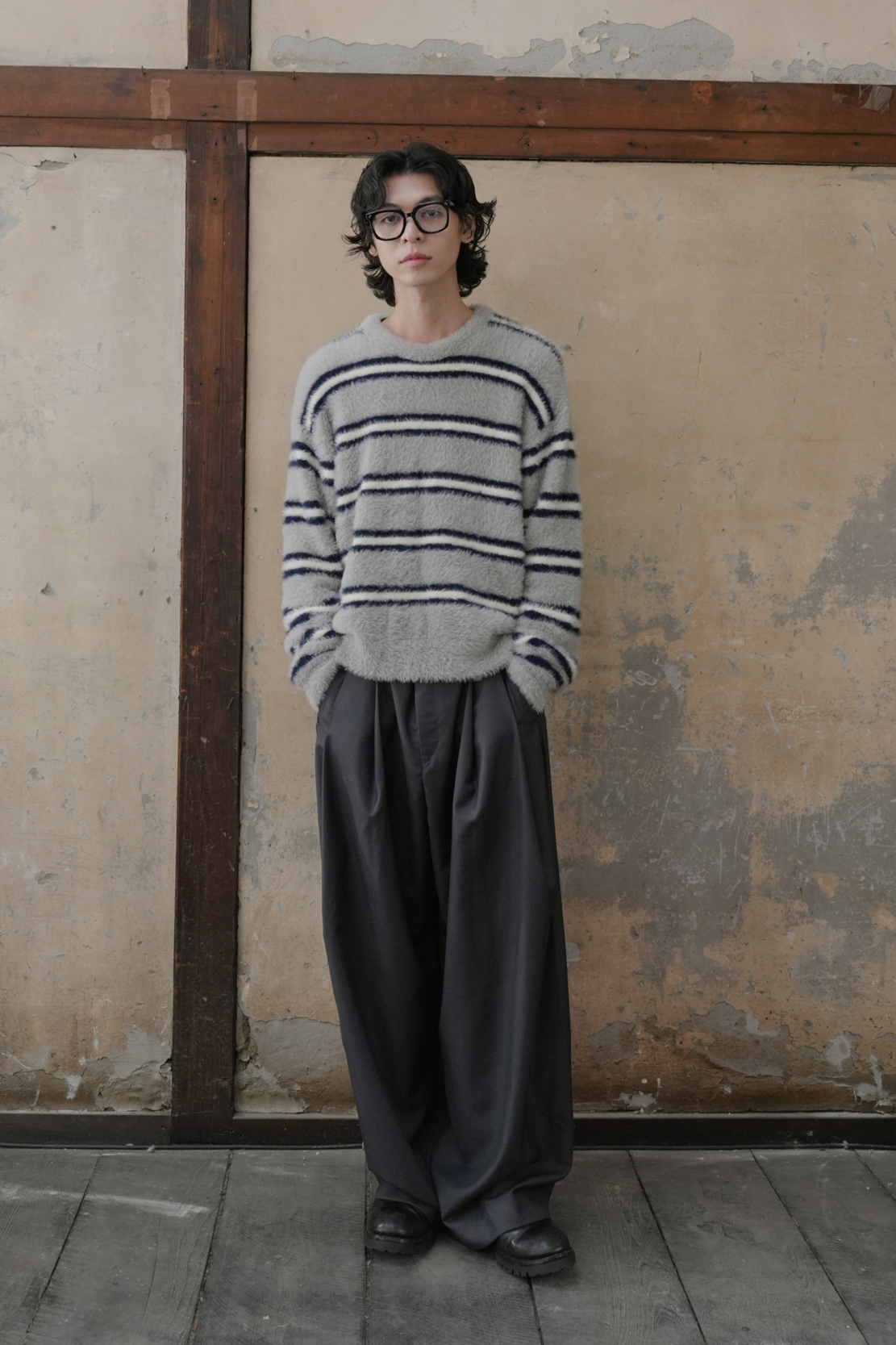 【Unisex】Angora Crop Stripe Knit #毛衣　（售完不補）