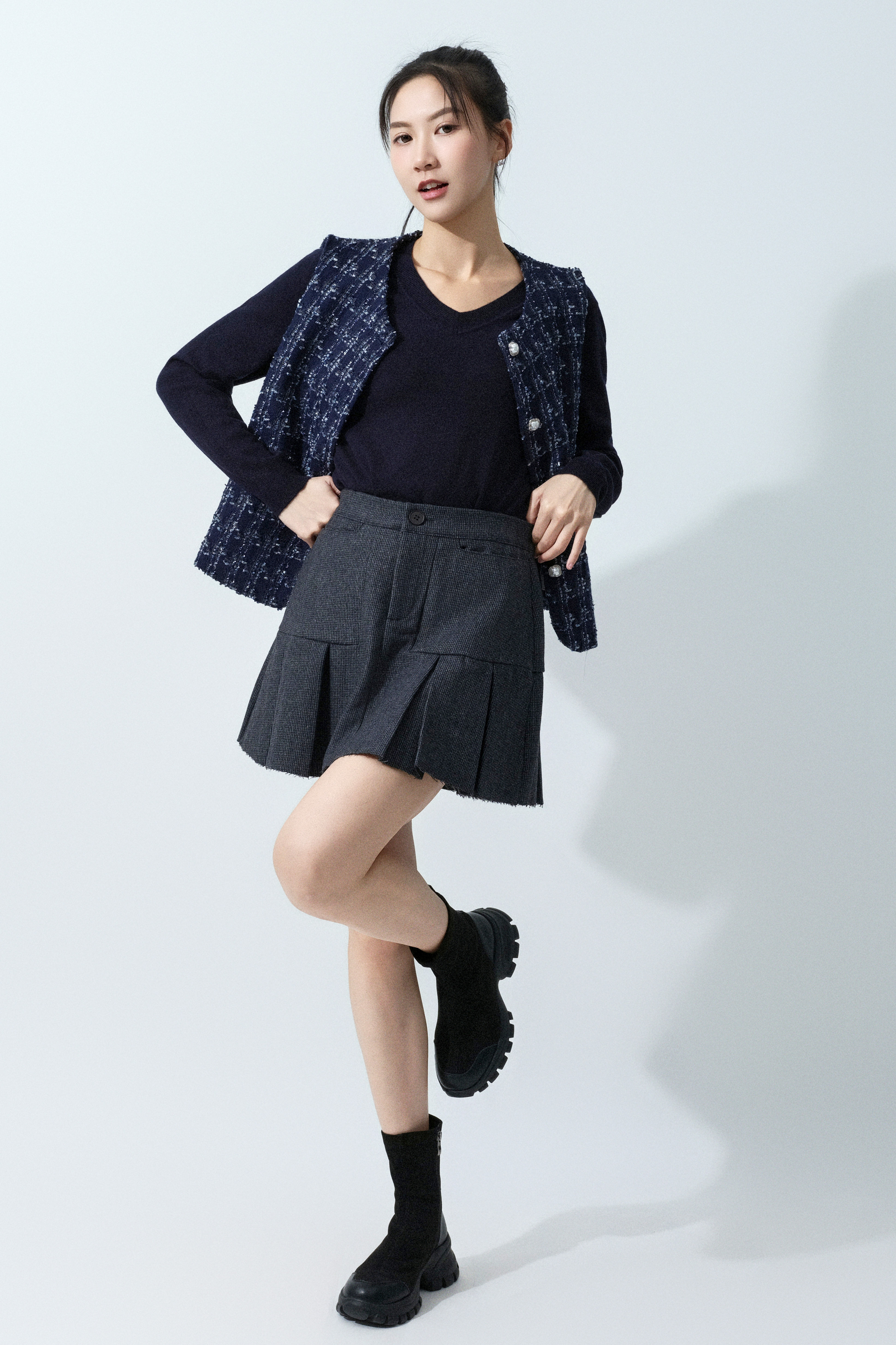 格紋tweed圓領背心外套 (預購產品）